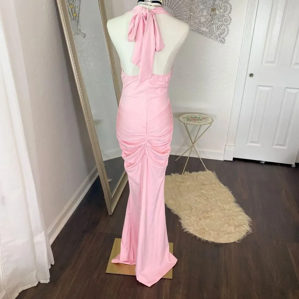 Nwot Light Pink Scrunched Trumpet Mermaid Deep Cutout Maxi Evening Dress M